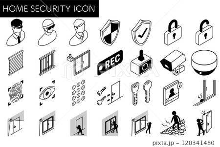 防犯・ホームセキュリティの白黒アイコンのアイソメトリックイラスト 120341480