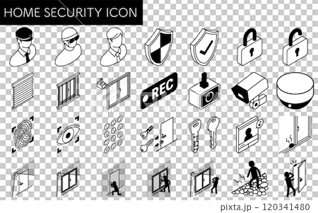 預防犯罪和家庭安全的黑白圖示的等距插圖 預防犯罪和家庭安全的黑白圖示的等距插圖 120341480