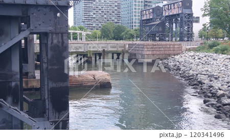 New York City Gantry Plaza old dock pier, Long Island sign, Hunters Point, Queens, United States. 120341496