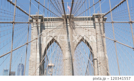 Brooklyn Bridge to Manhattan downtown, cables and blue sky. New York City iconic symbol. Travel USA. 120341557