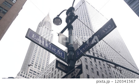 New York City crossroad, street intersection road sign. Chrysler building, Midtown Lexington avenue. New York City crossroad, street intersection road sign. Chrysler building, Midtown Lexington avenue. 120341567