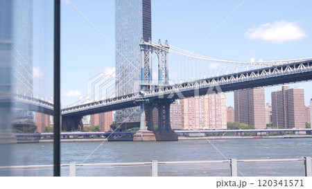 New York City Manhattan Bridge, Brooklyn waterfront, United States. Dumbo riverfront promenade. New York City Manhattan Bridge, Brooklyn waterfront, United States. Dumbo riverfront promenade. 120341571
