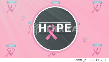 Image of breast cancer awareness text over pink breast cancer ribbons 120341704