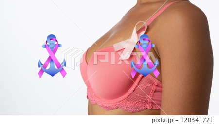 Image of breast cancer awareness text over biracial woman 120341721