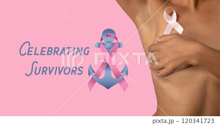 Image of breast cancer awareness text over biracial woman 120341723