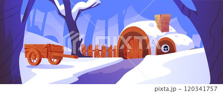 Cartoon game fairy village with hut, wooden cart and fence in winter forest, vector dwarf house with chimney, snowdrifts 120341757