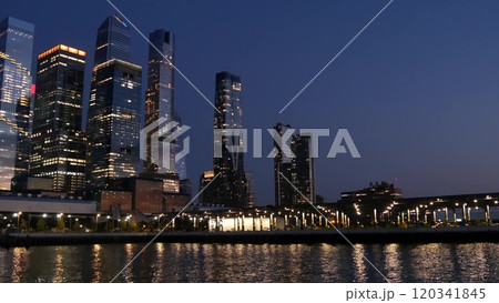 New York City skyline from ferry boat. Manhattan Midtown, Hudson Yards skyscrapers from river, USA. 120341845