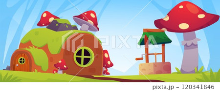 Cartoon game hut with fly agaric mushrooms and draw-well in fairy village, vector dwarf house rounded roof covered grass 120341846