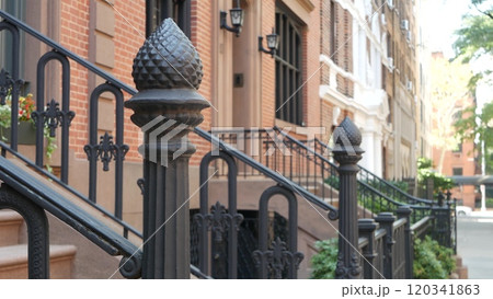 New York City townhouse building, Brooklyn Heights residential brownstone house architecture in USA. New York City townhouse building, Brooklyn Heights residential brownstone house architecture in USA. 120341863