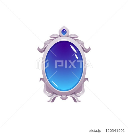 Mirror with floral silver ornate frame with gem, vector antique fortunetelling magic blue glass, fairytale game props Mirror with floral silver ornate frame with gem, vector antique fortunetelling magic blue glass, fairytale game props 120341901