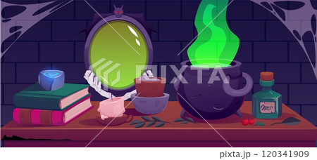 Antique magic mirror with black frame decorated bones and bat, vector witchcraft accessory cauldron, potion, spell books Antique magic mirror with black frame decorated bones and bat, vector witchcraft accessory cauldron, potion, spell books 120341909