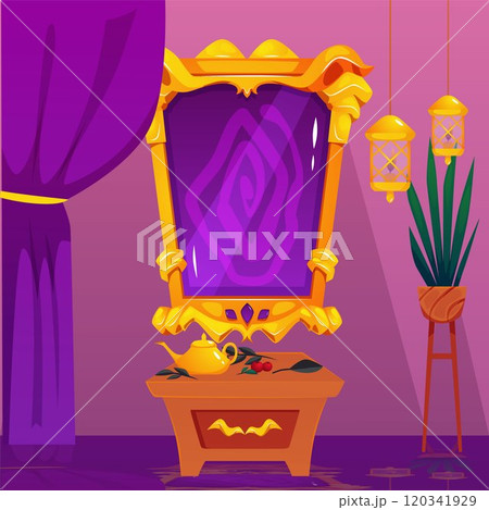 Antique magic mirror with golden ornate frame, fortunetelling purple glass, medieval fairytale vector game background 120341929
