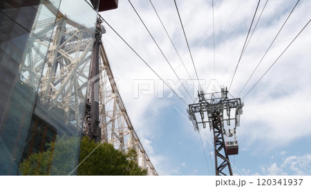 New York City Roosevelt Island tramway to Manhattan Midtown. Cable tram near Queensboro Bridge, USA. 120341937