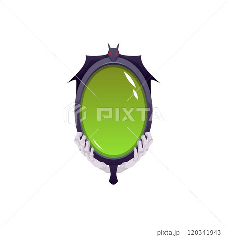 Magic oval mirror decorated with a bat and skeleton hands. Magic oval mirror decorated with a bat and skeleton hands. 120341943