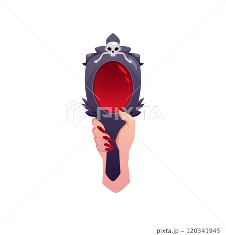 Hand mirror holding in hand, black frame decorated bones and skull, vector antique magic red glass, fairytale game props 120341945