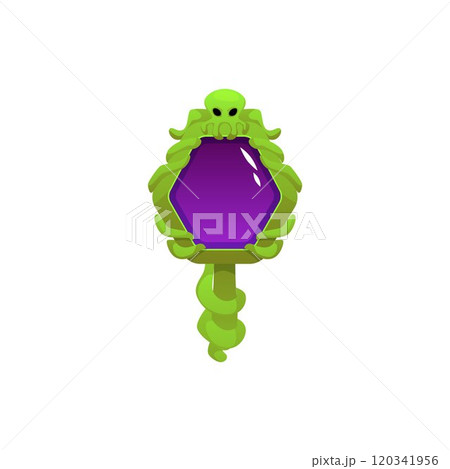 Mirror with jellyfish, entwined snake frame handle, vector antique fortunetelling magic glass, game witchcraft accessory Mirror with jellyfish, entwined snake frame handle, vector antique fortunetelling magic glass, game witchcraft accessory 120341956