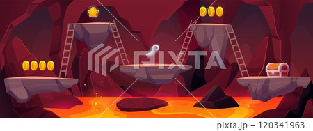 Fantasy cave landscape with blazing magma and rocks platforms with award achievements, vector cartoon game hell tunnel 120341963