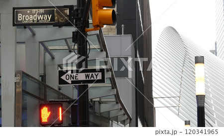 Broadway street road sign, Manhattan architecture, New York City. Traffic signage of street name. 120341965