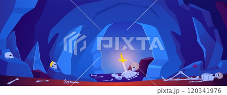 Ancient blue cave with skeletons of medieval knights and king, cartoon vector underground game landscape, crown sword 120341976