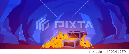 Ancient blue stone cave with treasure chest, golden coins and gemstones, cartoon vector underground landscape level game Ancient blue stone cave with treasure chest, golden coins and gemstones, cartoon vector underground landscape level game 120341979