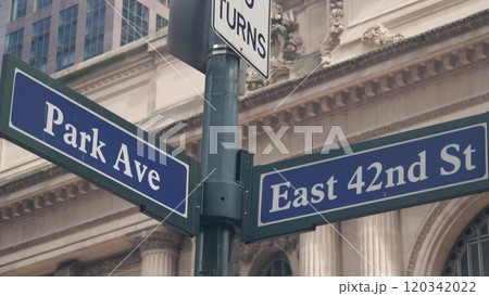 New York City Grand Central Terminal, 42 street, Park Avenue road sign, Pershing Square architecture 120342022