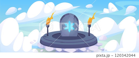 Ancient round stone altar, plate with six-pointed star and burning torches floating in blue sky, vector game background 120342044