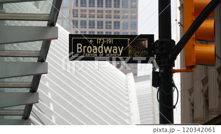 Broadway street road sign, Manhattan architecture, New York City. Traffic signage of street name. 120342061