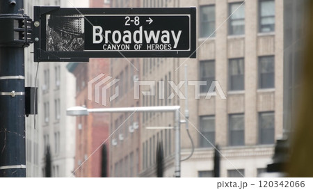 Broadway street road sign, Manhattan architecture, New York City. Traffic signage of street name. 120342066
