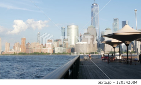 New York City waterfront skyline, Manhattan Downtown Financial district, World Trade Center cityscape 120342084