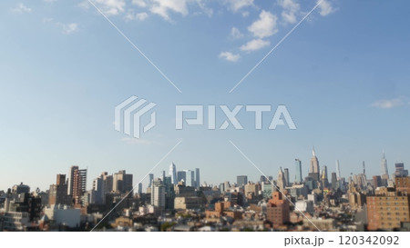 New York City Manhattan skyline cityscape. Empire State Building, Hudson Yards. Rooftops or roofs. 120342092