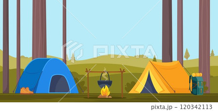 Camping. Camp tents, forest, campfire. Banner, poster for climbing, hiking sport, adventure tourism, travel, backpacking. Vector illustration. Camping. Camp tents, forest, campfire. Banner, poster for climbing, hiking sport, adventure tourism, travel, backpacking. Vector illustration. 120342113