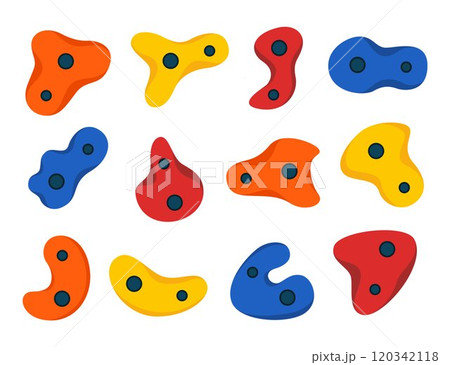 Climbing grips set. Climbing wall, climbing, bouldering, bouldering wall, boulder grips, climb, holders for climbers. Vector illustration. 120342118