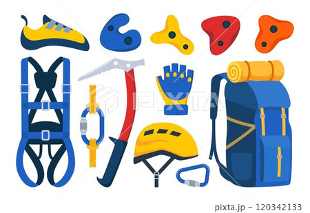 Climbing gear equipment. Mountaineering tool climber stuff elements for mountain rock climb safety rope knot harness carbines helmet ice ax extreme sport. Vector illustration. Climbing gear equipment. Mountaineering tool climber stuff elements for mountain rock climb safety rope knot harness carbines helmet ice ax extreme sport. Vector illustration. 120342133