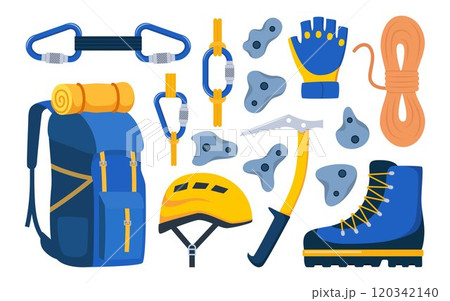 Climbing gear equipment. Mountaineering tool climber stuff elements for mountain rock climb safety rope knot harness carbines helmet ice ax extreme sport. Vector illustration. Climbing gear equipment. Mountaineering tool climber stuff elements for mountain rock climb safety rope knot harness carbines helmet ice ax extreme sport. Vector illustration. 120342140