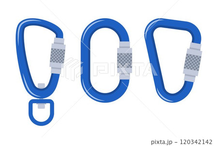 Climbers carbine set. Carabiner clip spring hook safety supply for climbing. Sport lock protection alpinist rope rock, mountaineering hiking steel tool, security metal chain. Vector. 120342142
