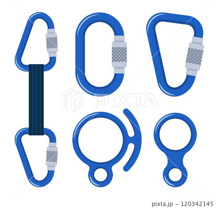 Climbers carbine set. Carabiner clip spring hook safety supply for climbing. Sport lock protection alpinist rope rock, mountaineering hiking steel tool, security metal chain. Vector. Climbers carbine set. Carabiner clip spring hook safety supply for climbing. Sport lock protection alpinist rope rock, mountaineering hiking steel tool, security metal chain. Vector. 120342145