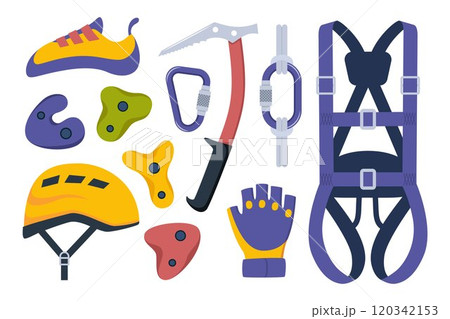 Climbing gear equipment. Mountaineering tool climber stuff elements for mountain rock climb safety rope knot harness carbines helmet ice ax extreme sport. Vector illustration. 120342153