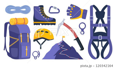 Climbing gear equipment. Mountaineering tool climber stuff elements for mountain rock climb safety rope knot harness carbines helmet ice ax extreme sport. Vector illustration. 120342164