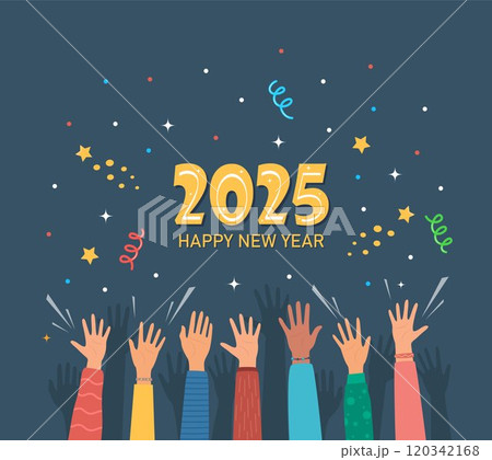Raised hands of happy people celebrating New Year 2025. Crowd of people at party. People celebrate. Firecrackers, confetti, fireworks, carnival. New Year greeting card. Vector illustration. Raised hands of happy people celebrating New Year 2025. Crowd of people at party. People celebrate. Firecrackers, confetti, fireworks, carnival. New Year greeting card. Vector illustration. 120342168