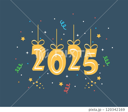 Celebrating New Year 2025. Hanging gold numbers with ribbons, Firecrackers, confetti, fireworks, carnival. New Year greeting card. Vector illustration. Celebrating New Year 2025. Hanging gold numbers with ribbons, Firecrackers, confetti, fireworks, carnival. New Year greeting card. Vector illustration. 120342169