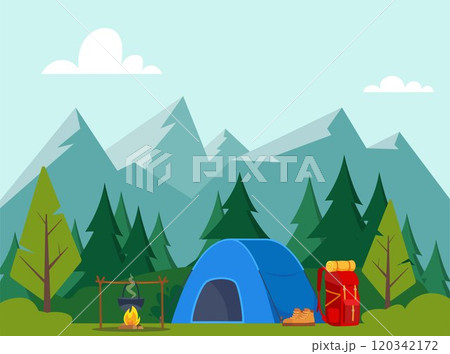 Camp tent in forest. Tent, forest, campfire. Banner, poster for climbing, hiking sport, adventure tourism, travel, backpacking. Vector illustration. 120342172