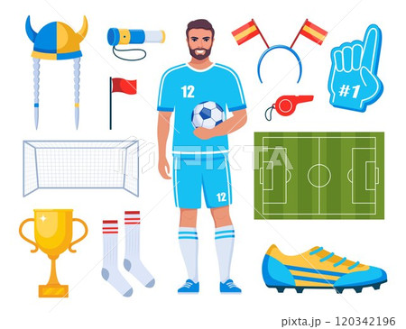 Football game and fan attributes. Soccer cheer accessories. Football match, competition, championship. Set of elements for soccer, football sport event. Vector illustration. Football game and fan attributes. Soccer cheer accessories. Football match, competition, championship. Set of elements for soccer, football sport event. Vector illustration. 120342196