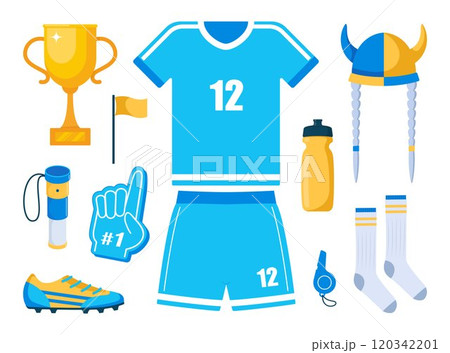 Football game and fan attributes. Soccer cheer accessories. Football match, competition, championship. Set of elements for soccer, football sport event. Vector illustration. 120342201