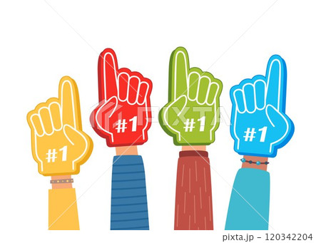 Fan foam fingers. Hands up with glove with number one, stadium supporter pride accessory, football victory symbol. Best sport team cheering, first place in competition. Vector illustration. Fan foam fingers. Hands up with glove with number one, stadium supporter pride accessory, football victory symbol. Best sport team cheering, first place in competition. Vector illustration. 120342204
