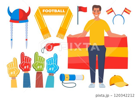 Fan attributes set. football fan character and soccer cheer accessories. Football support. Vector illustration. Fan attributes set. football fan character and soccer cheer accessories. Football support. Vector illustration. 120342212