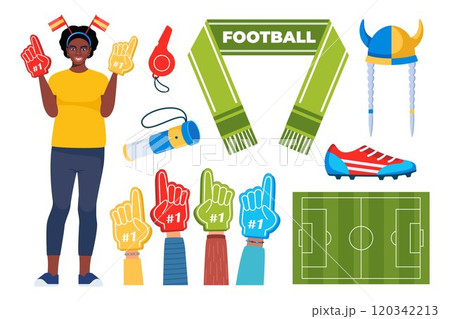 Fan attributes set. football fan character and soccer cheer accessories. Football support. Vector illustration. 120342213