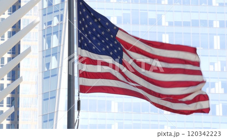 New York, american flag. World Trade Center, WTC. Manhattan downtown city street, 11 September. 120342223