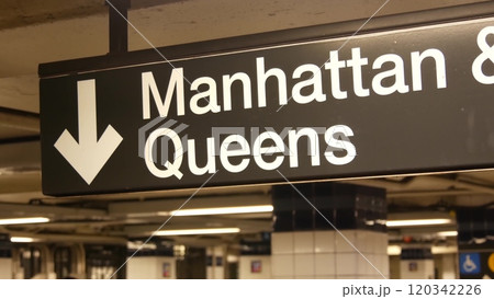 New York subway station interior, Manhattan text sign. Underground metropolitan. United States metro 120342226