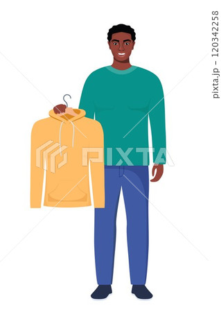 Smiling young black man holding hanger with yellow hoody. Choosing clothes concept. Vector illustration in flat style. Smiling young black man holding hanger with yellow hoody. Choosing clothes concept. Vector illustration in flat style. 120342258