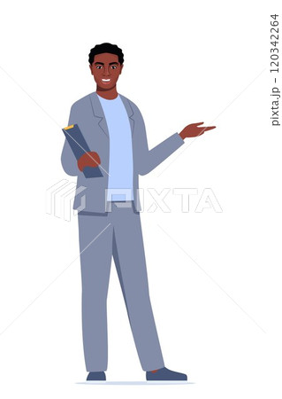 Young character with clipboard standing isolated on white background. Black man introduce, show and present something. Business speaker standing with clipboard. Male presenter. Vector illustration. 120342264